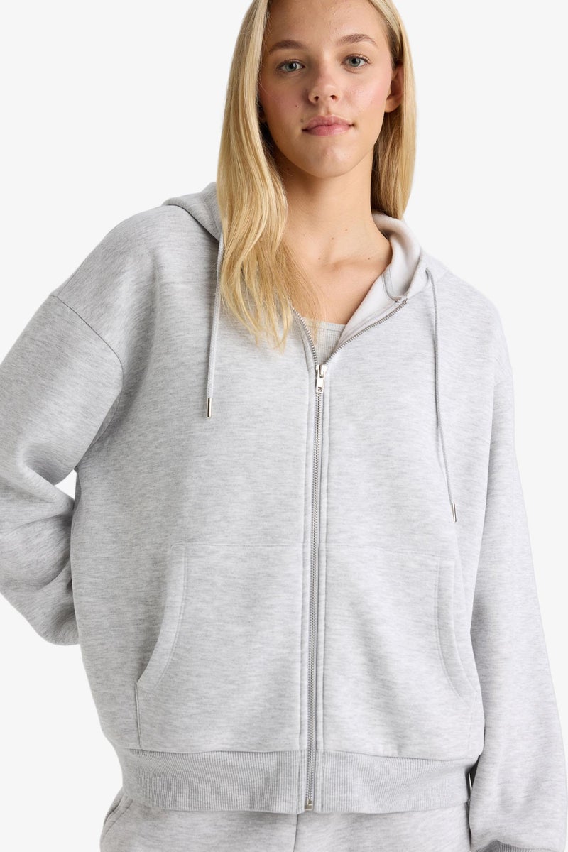DeFacto Grey Woman Relax Fit Basic Thick Fabric Zip-Up Hoodie Casual - Image 1